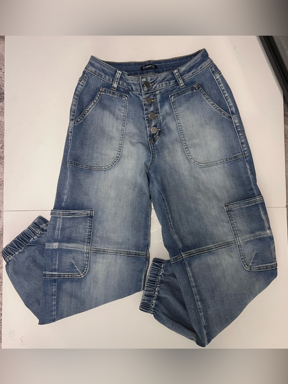 Relaxed Fit Women's Washed Blue Cargo Jeans